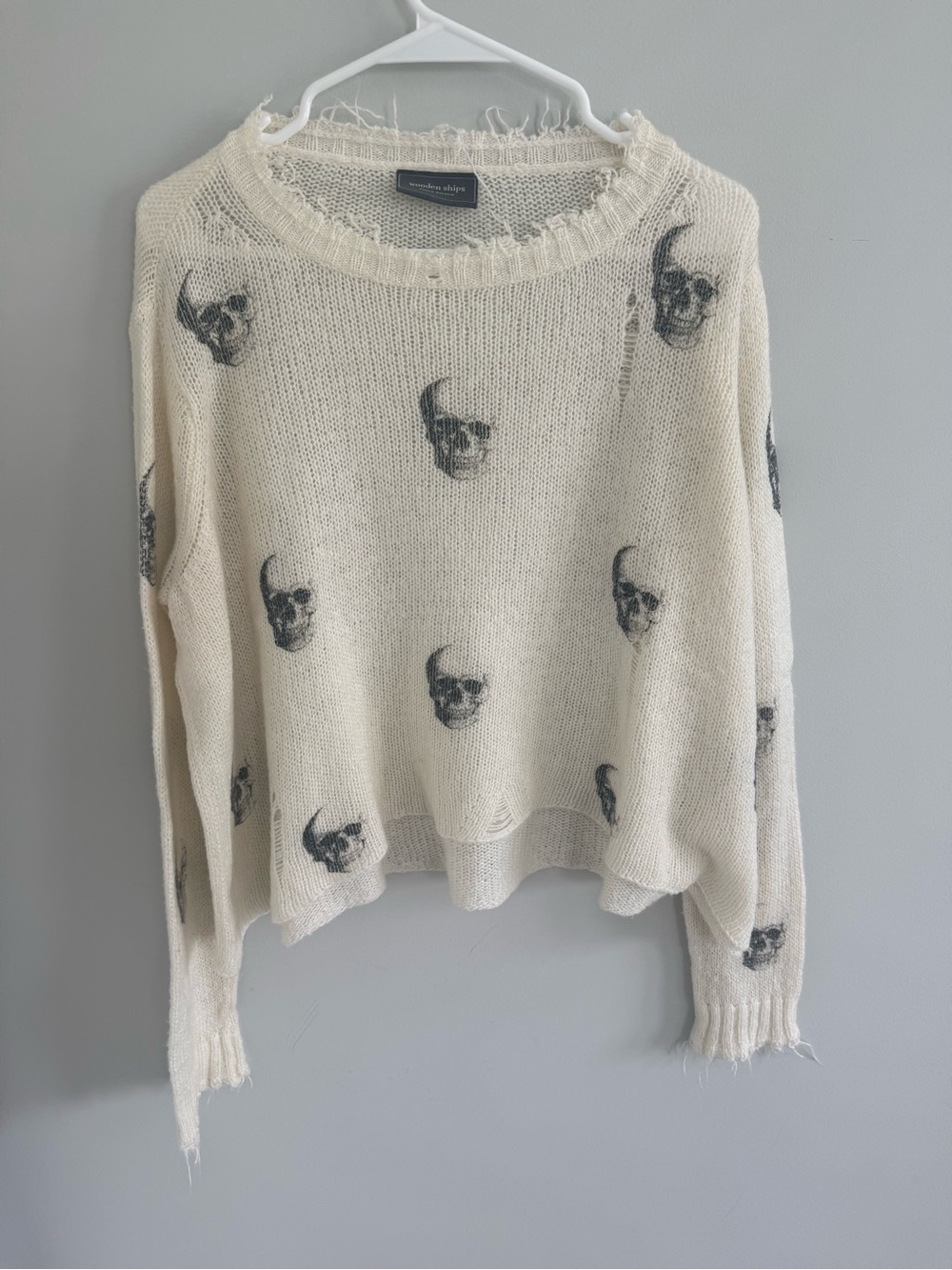 Wooden Ships Ivory Skull-Print Open Knit Sweater